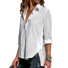 Womens Long Sleeve Tops Blusas Turn Down Collar Solid Office Blouse Fashion Button Side Split Blouses Casual Loose Ladies Shirts T190606