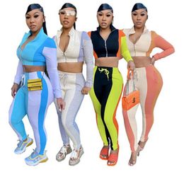 Womens Navel Sports Skinny Sets Fashion Trend Long Sleeve Zipper Tops Drawstring Pants Suits Designer Female Spring Casual Slim Tracksuits