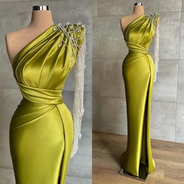 2022 Green One Shoulder Mermaid Evening Dresses Beads Prom Gowns Lace Long Sleeve Formal Party High Split Event Robe De Soiree
