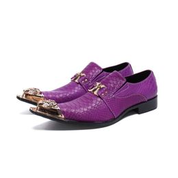 Cow Leather Snake pattern Men Metal buckle Casual Oxford Shoes Men's Gold toe Loafers Party Wedding purple Men Dress Shoes