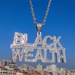 White Gold Plated Iced Out Bling CZ Black Wealth Pendant Necklace for Men Women With Free 24inch Rope Chain