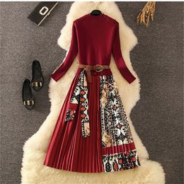 Elegant Knitted Patchwork Pleated Midi Dress Fall Winter Fashion Women Long Sleeve Ethnic Retro Printing Pleated Dress LJ200820