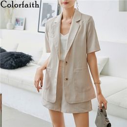 Colorfaith 2020 New Summer Woman Sets 2 Pieces Matching Short Pants Casual Elastic Waist Striped Cotton and Linen Suit WS1253 T200701