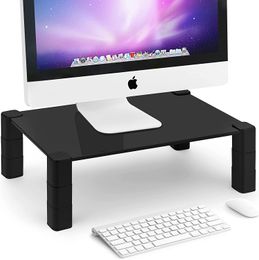 Black Glass Monitor Stand Riser with 3 Height Adjustable Stand for Computer, Laptop,Printer, iMac