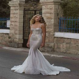 Luxury Mermaid Wedding Dresses Bling Sequins Beads Chapel Bridal Gown Spaghetti Sleeveless Ruffles Sweep Train Sexy Vestidos De Novia