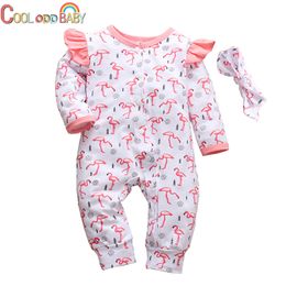 Autumn Baby Girls Romper Cotton Ruffle Long Sleeve Flamingo Print Jumpsuit + Headband 2Pcs Cute Newborn Clothes Infant Outfits 201029