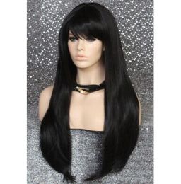 Human hair Blend Full Wig 27" Body Straight Long Heat OK 1B Off Black