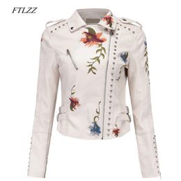 FTLZZ Floral Print Embroidery Women Pu Leather Jacket Turn-down Collar Faux Soft Leather Motorcycle Black Short Punk Outerwear LJ201012