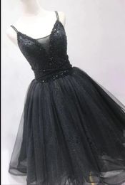Short Black Gothic Wedding Dresses Beaded Sparkle Glitter Non White Bridal Gowns Knee Length Custom Made V Neck Bride Dress