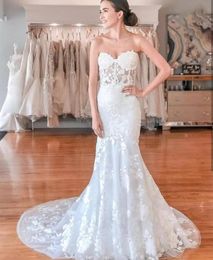 Custom Made Romantic Women Mermaid Wedding Dress Lace Sweetheart Sweep Train Bridal Gowns Sleeveless See Through Appliques P48