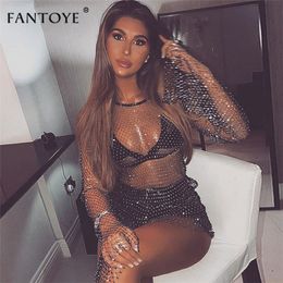 Fantoye 2020 New Crystal Diamond Sexy Bodycon Dress Women Hollow Out Mini Dress Summer Fishnet Mesh Beach Dress Party Vestidos Y0118