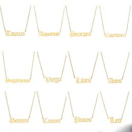 New 12 Constellation Stainless Steel Pendant Necklace for Girls Women Retro English Letter Alphabet Cosmic Starry Series Chain Necklace Gift