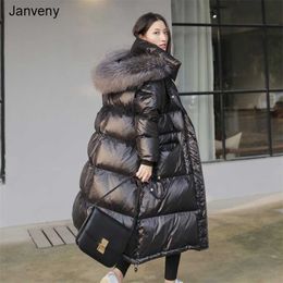 Janveny Long Down Jacket Women Winter Black Loose Real Raccoon Fur Hooded Fashion Waterproof Female Duck Puffer Coat 211223