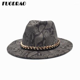 Wide Brim Hats FUODRAO Wool Fedoras Women Autumn Winter Snake Print Chain Panama Jazz Caps Vintage Cowboy Hat Men F1131