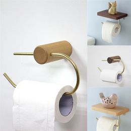 brass paper towel holder UK - Nordic Bathroom Roll Holder Brass Solid Wood Wall Hanging Napkin Holder Gold Toilet Paper Towel Holder Kitchen storageshelf 201222
