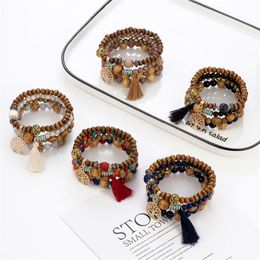 5 Styles New Bohemian Beach Multilayer Wood Beads Tassel Tree Of Life Charm Bracelets Bangles For Women Gift Wrist Mala Bracelet 98 L2