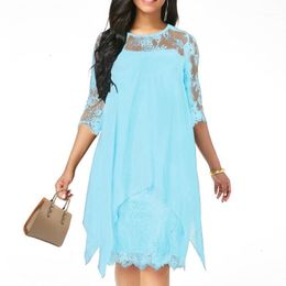 Casual Dresses Women Solid Color Elegant Half Sleeve Lace Loose Fashion Lady Irregular Hem O-neck Chiffon Dress 2021 1