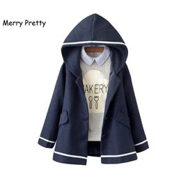 Merry Pretty Autumn Winter Women Jacket Preppy Style Mori Girl Solid Colour Hooded Long Sleeve Blends Warm Coat Casual Outerwear 201017