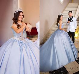 Light Sky Blue Quinceanera Dresses 2021 Off The Shoulder Crystal Lace Sweet 16 Dress Puffy Sweep Train Birthday Party Evening Gown AL8415