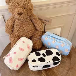 Cow Bear Travel Cosmetic Bag Ins Simple Pencil Case Cute Girl Large Capacity Student Stationery Box Storage Bags Make Up Handbag