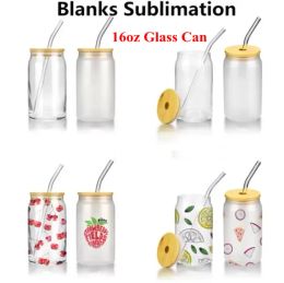 16oz Sublimation Glass Beer Mugs Water Bottles with Bamboo Lid Straw DIY Blank Frosted Clear Can Shaped Tumblers Cups Heat Transfer Cocktail Iced Coffee Soda Whiskey