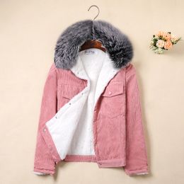 Big Fur Winter Corduroy Jackets Women Warm Lamb Fur Lining Coats Casual Fashion Female Bomber Jacket Student Short Outerwear 201019