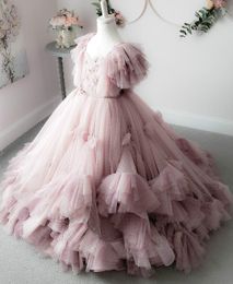 Pink Luxurious Lace 2020 Flower Girl Dresses Crystals Ball Gown Little Girl Wedding Dresses Cheap Communion Pageant Dresses Gowns
