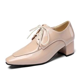 Dress Shoes Fashion Vintage Lacing Pointed Toe Thick Heel Women Pumps Female British Style High Heels Oxfords Black Beige 34-43