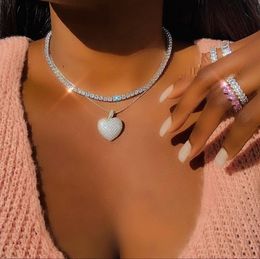 2021 Iced Out Bling Women Jewelry Micro Pave 5A Cz Cubic Zirconia Big Heart Pendant Tennis Chain Sparking Necklace