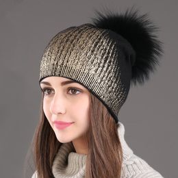 Winter Women's Wool Beanie Hat Casual Metallic Color Printing Knitted Cashmere Slouchy Beanie with Raccoon Fur Pompom Balls Y200102