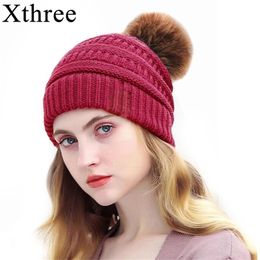 Xthree Acrylic lining knitted beanie with faux fur pom hats women Hat for girl winter cap Y201024