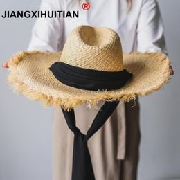 Handmade Weave 100%Raffia Sun Hats For Women Black Ribbon Lace Up Large Brim Straw Hat Outdoor Beach Summer Caps Chapeu Feminino Y200103