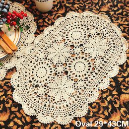 Vintage Cotton Handmade Crochet Flowers Doily Dining Mat Placemat Oval Tablecloth Wedding Banquet Decor Mantel Individual Pad T200703