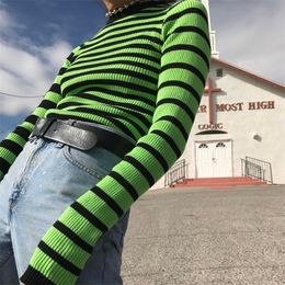 Harajuku Contrast Striped Sweater Black & Green Color Block Ribbed Knit Slim Tops Sweater Women Pullovers 201030