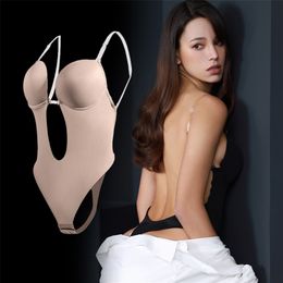 thongs clear straps Canada - Bodysuit Shapewear Deep V-Neck Body Shaper Backless U Plunge Thong Shapers Waist Trainer Women Clear Strap Padded Push Up Corset 220208