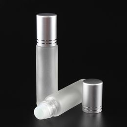 Free Shipping Frosted 10ml Glass Roll On Essential Oils Perfume Bottles With Glass/Stainless Steel Roller Ball And Silver Cap