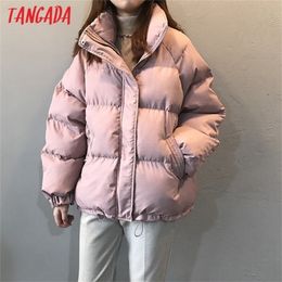 Tangada Women Solid Pink Thick Oversize Parkas Winter Female Zipper Pocket Warm Loose Coat Overcoat ASF67 201006