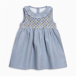 Little Maven New Summer Kids Light Blue Striped Turn-down Embroidery Girls 2- Short-Sleeved Cotton Woven Smock Dresses LJ200923