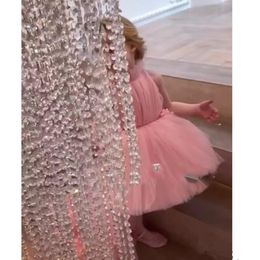 Cute Pink High-Low Girls Pageant Dresses Handmade Flowers High Neck Flower Girl Dresses Weddings Toddler Brithday Party Dress Grad250Y