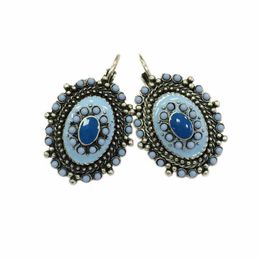Ethnic Vintage Enameling Blue Beads Charms Statement Clip on Stud Earrings for Women Girl Jewelry