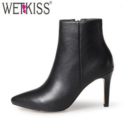 WETKISS Cow Leather Boots Autumn Women Pointed Toe Ankle Boots Zip 2020 Fashion Shoes Ladies Stiletto Heels Short Plush Footwear1