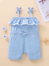 Baby Bow Shoulder Ruffle Trim Drawstring Waist Cami Romper SHE