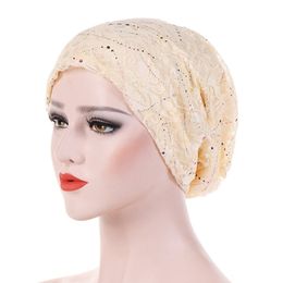 Summer Thin Lace Turban Solid Cotton Inner Hijab Caps Soft Glitter Muslim Women Turbante Bonnet Wrap Head Hijab Underscarf Cap