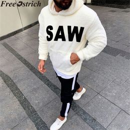 Autumn winter men plush casual Sweatshirts Hoodies long sleeve SAW printing plus size fashion Tops loose pocket Sweatshirt 201104