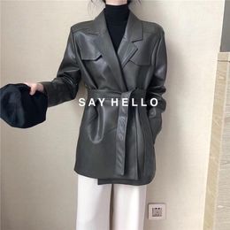 Bella Philosophy 2020 Women Spring Solid Chic Leather Jacket Lady Notch Collar Sashes Blazer Female Casual belt Outerwear Tops LJ201012