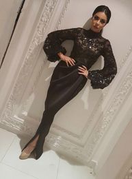 Black Mermaid Evening Dresses Long 2021 Glittering Sequined Lace Slit High Collar Dubai Arabic Long Sleeves Muslim Formal Gown Prom