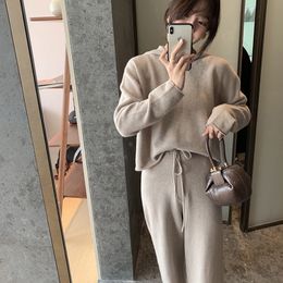 2020 New Women Knitted Sweater Two Piece Set Hooded Pullover And Pants Lounge Wear Casual Knitting Minimalist Style Tracksuit T200702