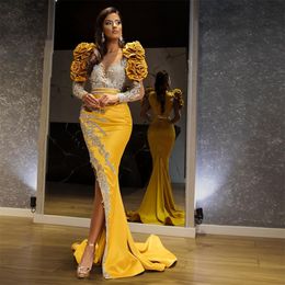 Glamorous Yellow Prom Dresses Long Ruffles Sleeves Evening Dress Custom Made Crystals Beading Side Split Floor Length Celebrity Party Gown