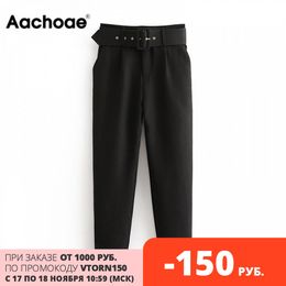 Aachoae Office Lady Black Suit Pants with Belt Women High Waist Solid Long Trousers Fashion Pockets Pants Trousers Pantalones 201119