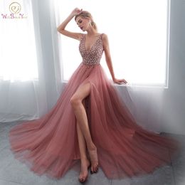 Beading Prom Dresses 2020 Plus Size Pink High Split Tulle Sweep Train Sleeveless Evening Gown A-line Lace Up Backless Vestido De LJ200821